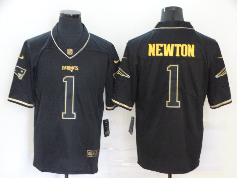 Men New England Patriots #1 Newton Black Retro gold lettering Nike NFL Jersey